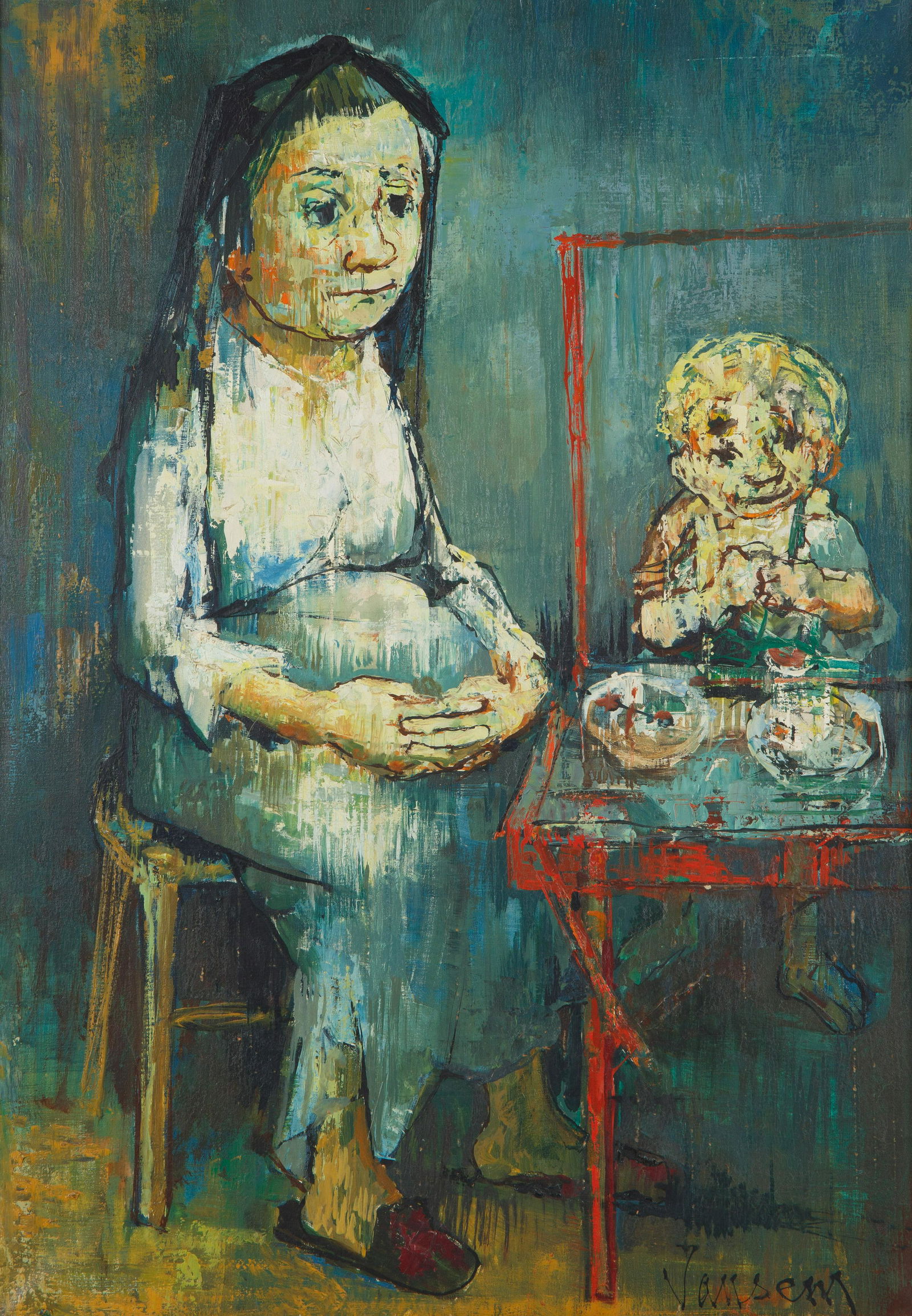 JEAN JANSEM (FRENCH 1920-2013): JEAN JANSEM (FRENCH 1920-2013)Mere et enfantoil on canvas 66 x 46 cm (26 x 18 1/8 in.) [sight]framed dimensions: 82 x 63 cm (32 1/4 x 24 3/4 in.)signed lower right PROVENANCE Sotheby's, New York, O