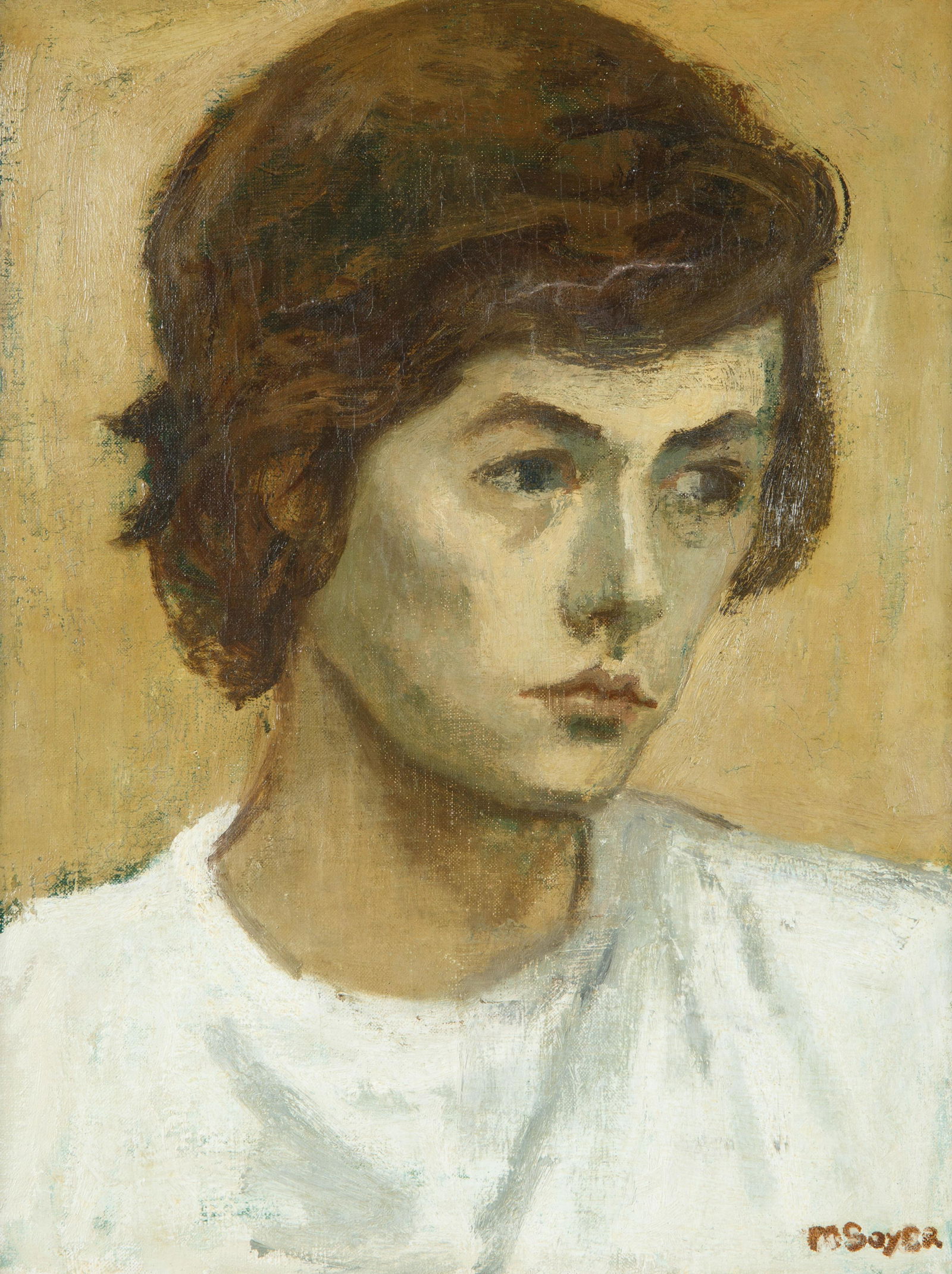 MOSES SOYER (AMERICAN 1899-1974): MOSES SOYER (AMERICAN 1899-1974)Portrait of a Brunetteoil on canvas41 x 31 cm (16 1/8 x 12 1/4 in.)framed dimensions: 60 x 50 cm (23 5/8 x 19 3/4 in.)signed lower right