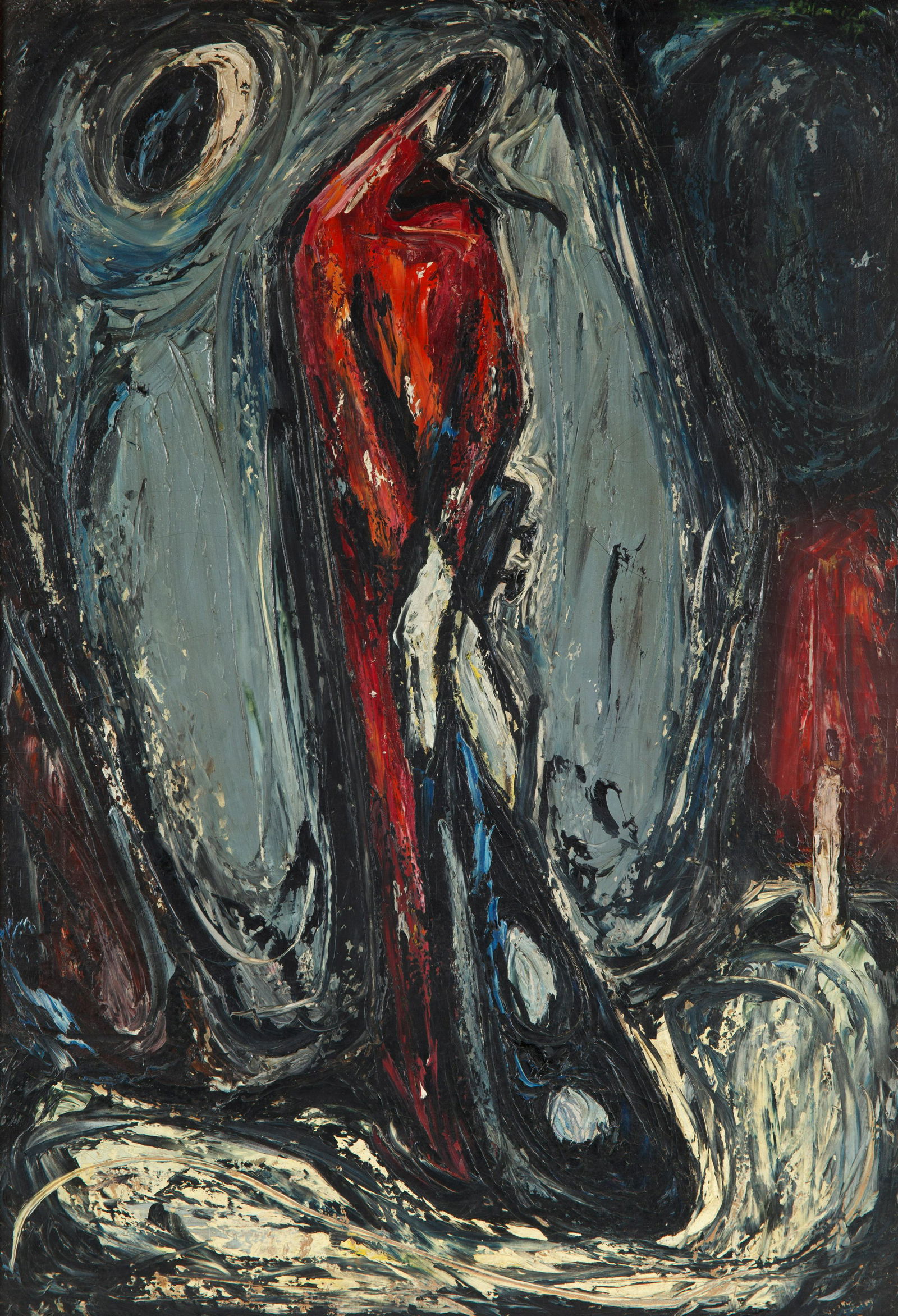 EDUARDO RAMIREZ VILLAMIZAR (COLOMBIAN 1923-2004): EDUARDO RAMIREZ VILLAMIZAR (COLOMBIAN 1923-2004)Arlequin en Rojos, circa 1949oil on canvas70 x 49 cm (27 1/2 x 19 1/4 in.)framed dimensions: 85 x 64 cm (33 1/2 x 25 1/4 in.)PROVENANCE with Galerias De