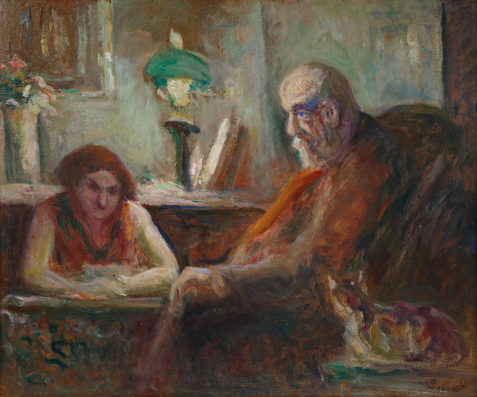 MAXIMILIEN LUCE (FRENCH 1858-1941): MAXIMILIEN LUCE (FRENCH 1858-1941)Evening Togetheroil on canvas board34 x 40.5 cm (13 3/8 x 16 in.)framed dimensions: 52 x 58 cm (20 1/2 x 22 7/8 in.)signed lower right