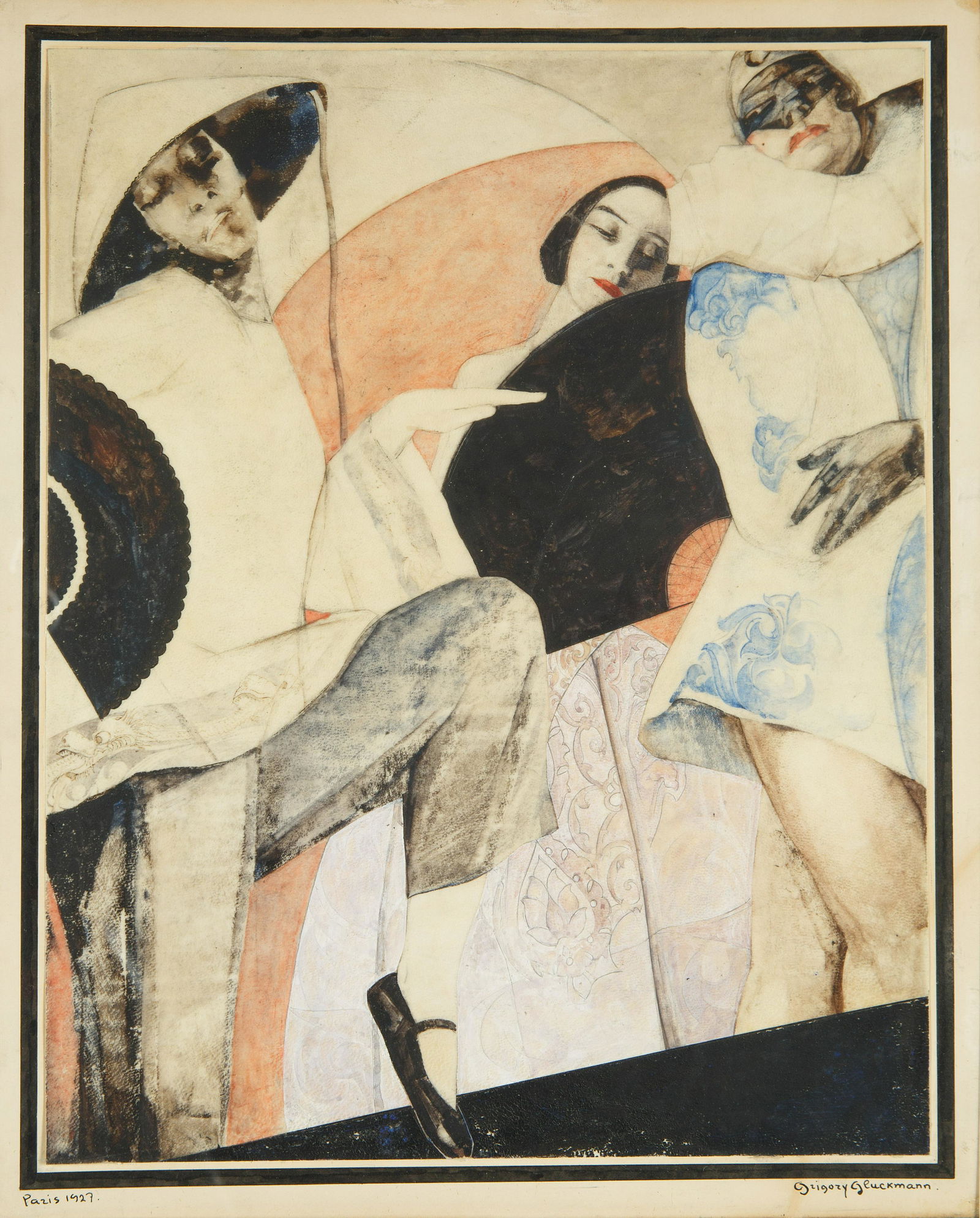 GRIGORY GLUCKMANN (BELARUSIAN-FRENCH 1898-1973): GRIGORY GLUCKMANN (BELARUSIAN-FRENCH 1898-1973)Le Defile , Paris, 1927watercolor on paper laid on board39 x 31 cm (15 3/8 x 12 1/4 in.) [sight]framed dimensions: 58 x 50 cm (22 7/8 x 19 3/4 in.)signed