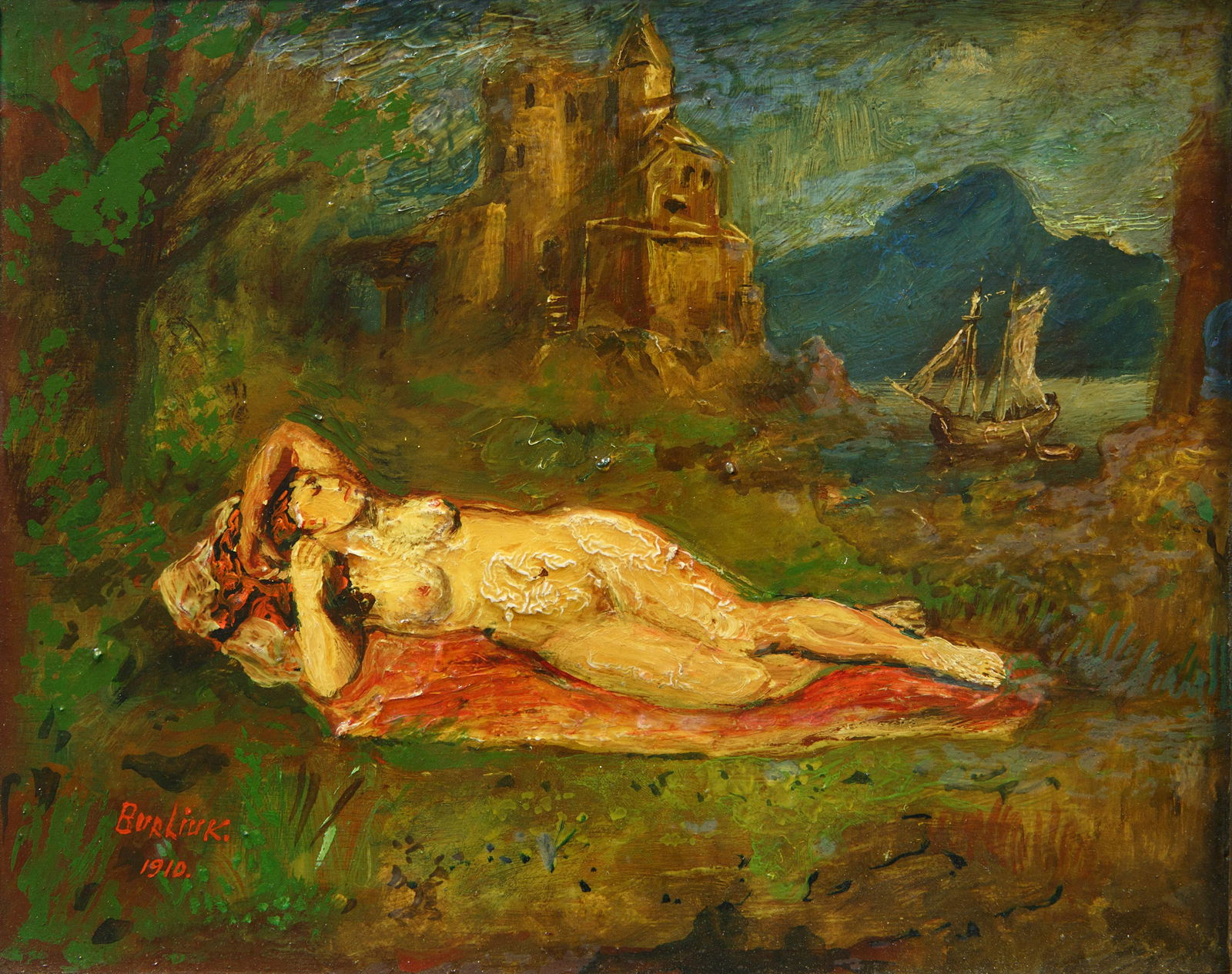 DAVID BURLIUK (UKRAINIAN 1882-1967): DAVID BURLIUK (UKRAINIAN 1882-1967)Reclining Nudeoil on panel20 x 25 cm (7 7/8 x 9 7/8 in.)framed dimensions: 24 x 29 cm (9 1/2 x 11 3/8 in.)signed and dated 1910 lower leftPROVENANCE Collection of