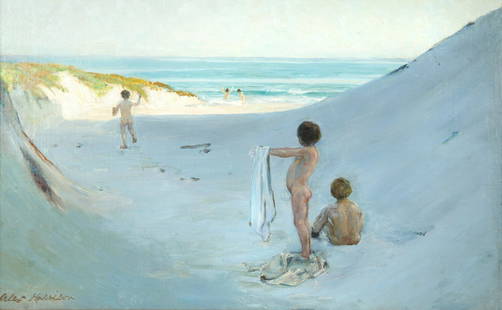 THOMAS ALEXANDER HARRISON (AMERICAN 1853-1930): THOMAS ALEXANDER HARRISON (AMERICAN 1853-1930)Boys on the Beach, 1894oil on canvas 43 x 67 cm (16 7/8 x 26 3/8 in.)framed dimensions: 62 x 87 cm (24 3/8 x 34 1/4 in.)signed lower left