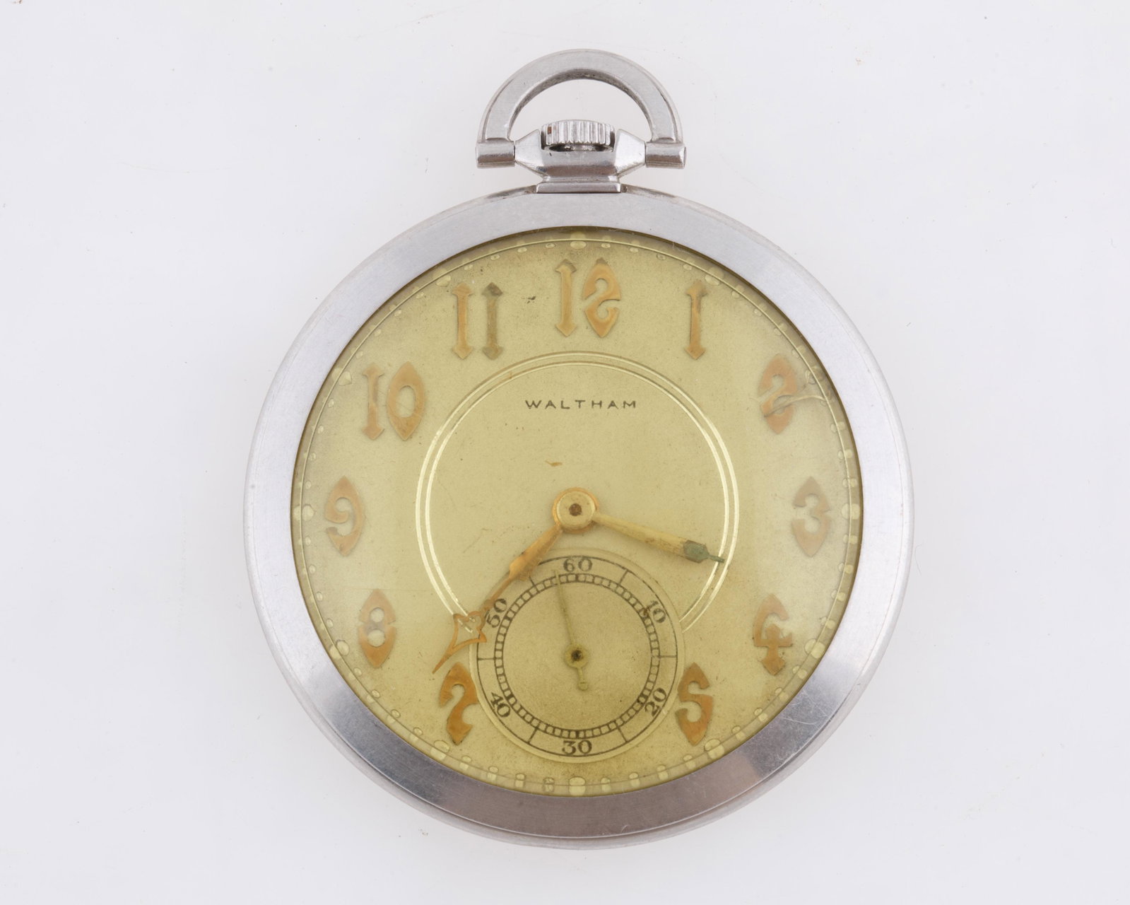 WALTHAM PLATINUM WATCH: WALTHAM PLATINUM WATCH open face pocket watch, with yellow dial with Arabic numerals and subsidiary seconds dial at six, marked WALTHAM on the dial, movements number 24328040, marked Waltham, case num