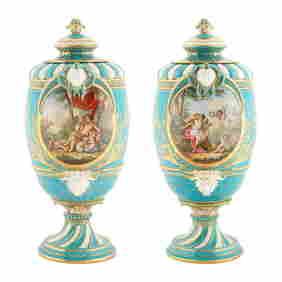 PAIR OF FRENCH PORCELAIN SEVRES-STYLE COVERED URNS, 19TH CENTURY (1 of 6)