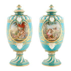 PAIR OF FRENCH PORCELAIN SEVRES-STYLE COVERED URNS, 19TH CENTURY (1 of 6)
