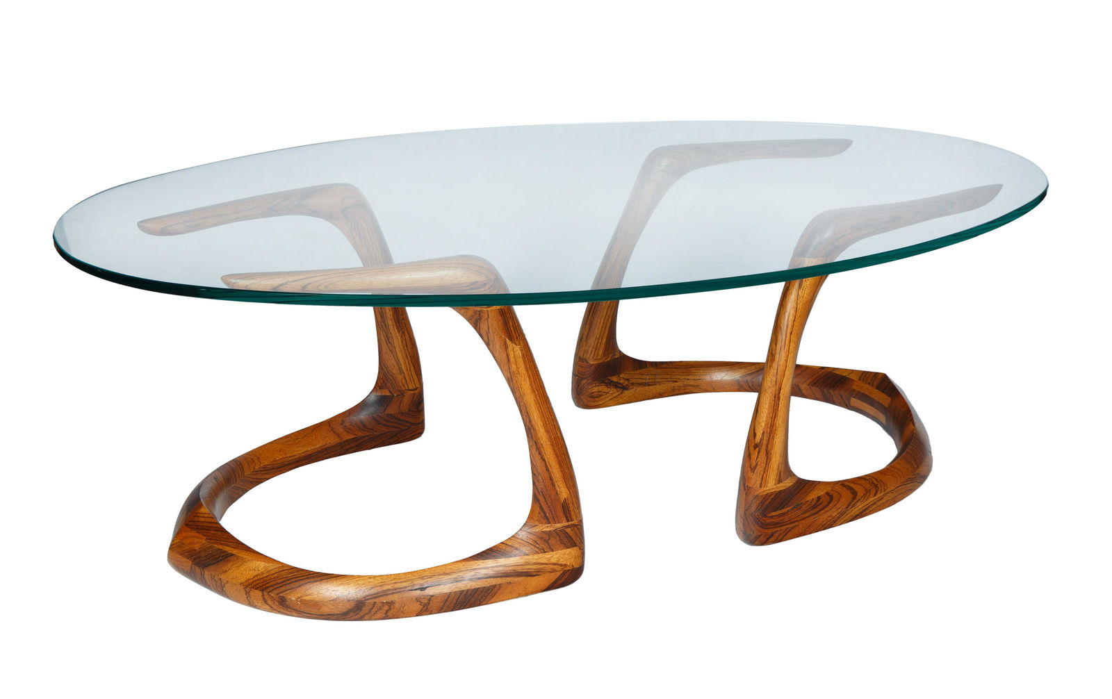 STERNUM COFFEE TABLE BY DAVID EBNER (AMERICAN B. 1945): STERNUM COFFEE TABLE BY DAVID EBNER (AMERICAN B. 1945) an iconic David Ebner zebra-wood and glass top oval coffee table, measuring: 37 x 122 x 81 cm (14 5/8 x 48 x 31 7/8 in.)