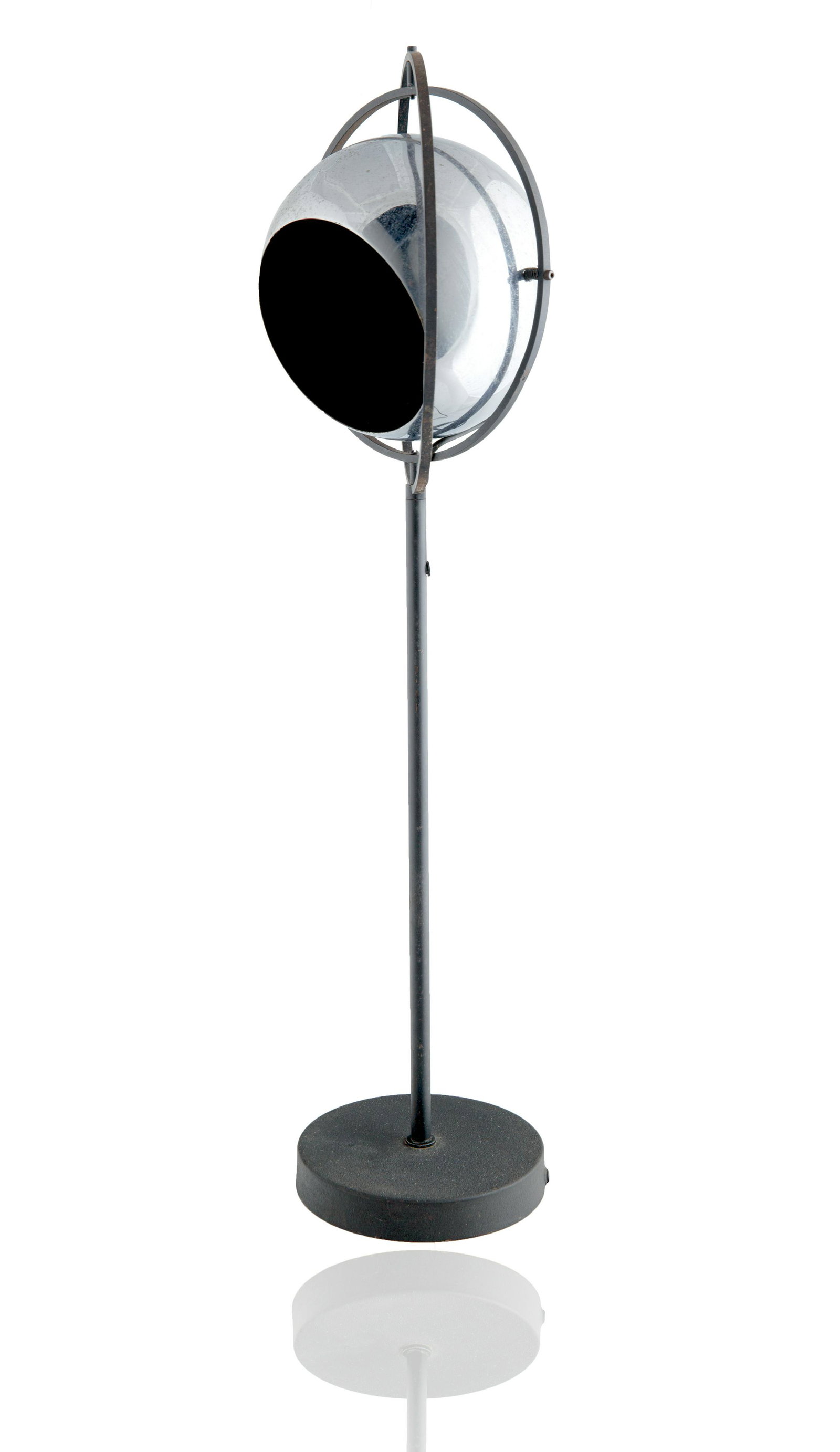 GIMBAL MOUNTED CHROME AND METAL LAMP: GIMBAL MOUNTED CHROME AND METAL LAMP gimbal-mounted chrome spherical shade raised on a circular base with a metal arm and accents; height: 72 cm (28 3/8 in.) PROVENANCE Private Collection, Harrison, N