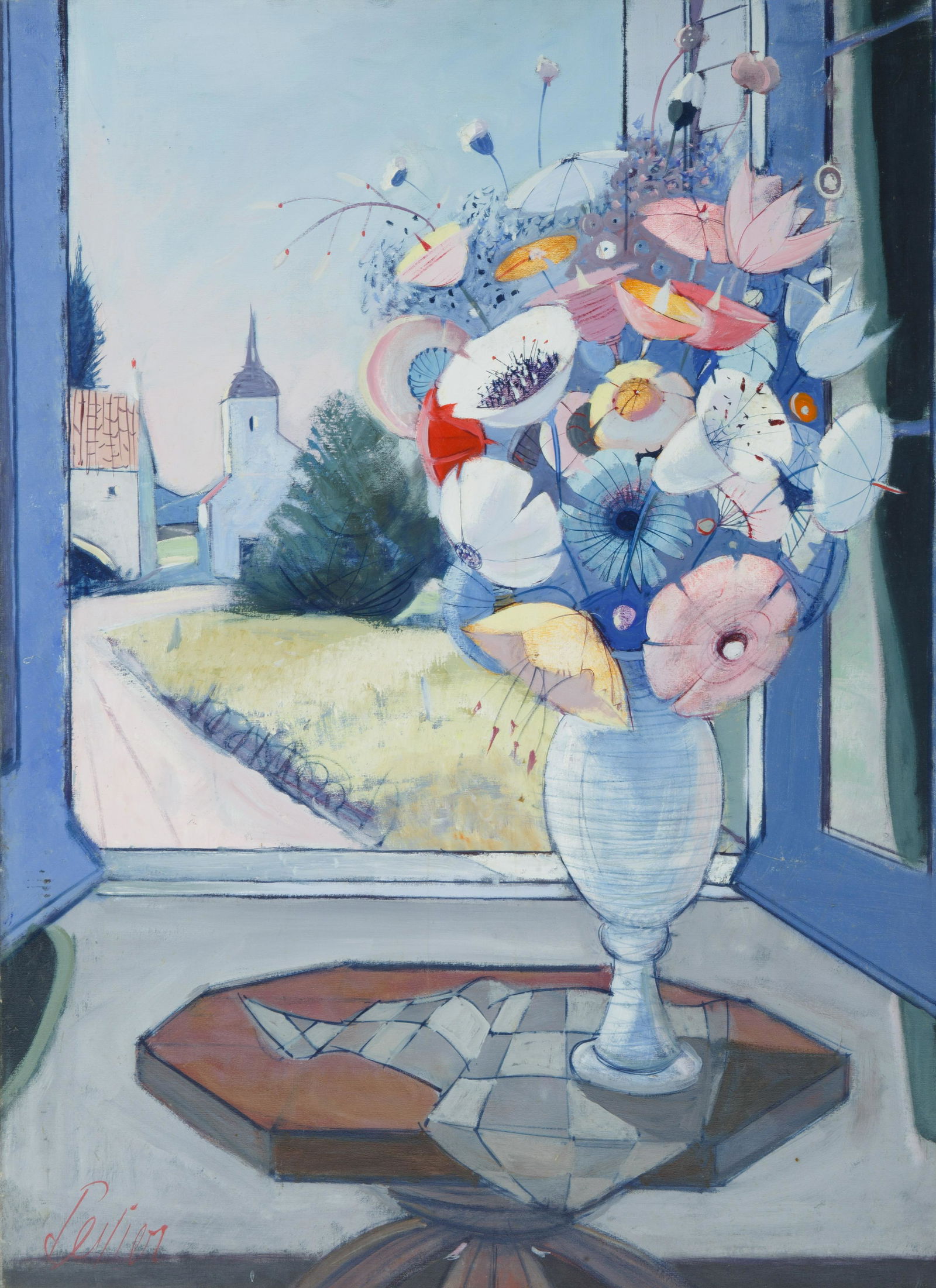 CHARLES LEVIER (FRENCH 1920-2003): CHARLES LEVIER (FRENCH 1920-2003)Flowers at the Window, oil on canvas100 x 74 cm (39 3/8 x 29 1/8 in.)framed dimensions: 120 x 93 cm (47 1/4 x 36 5/8 in.)signed lower left