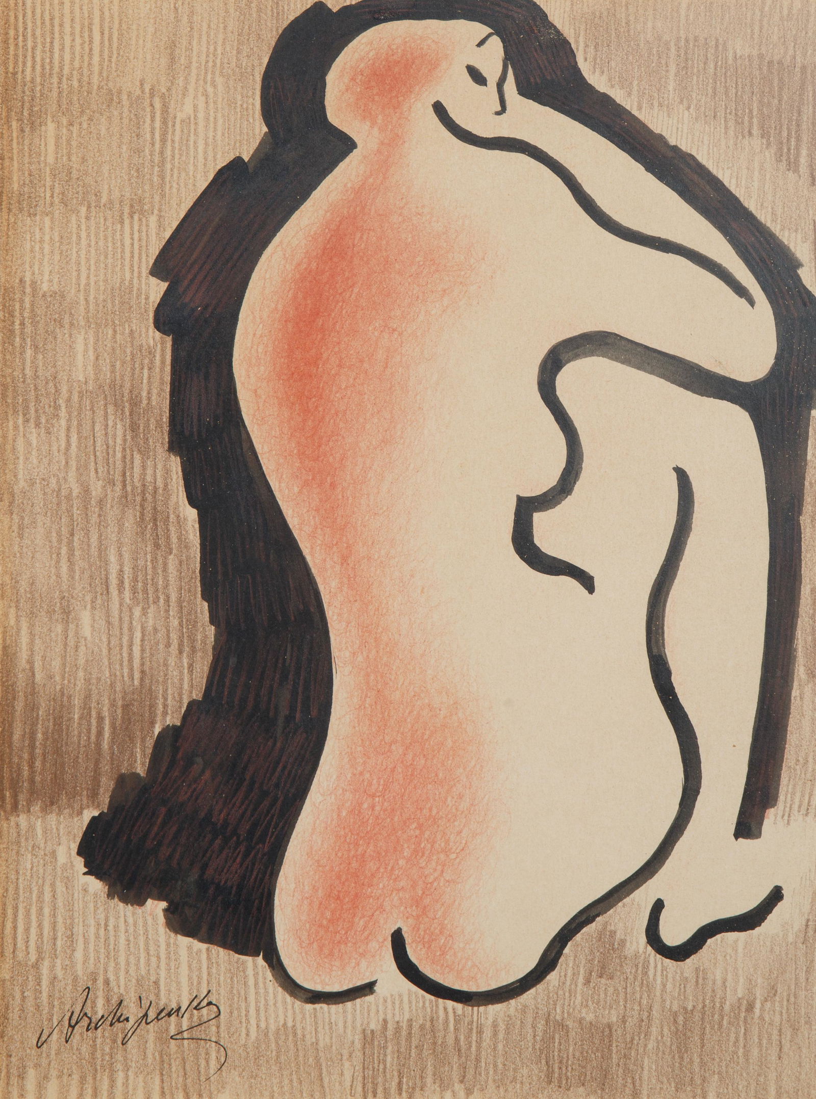 ALEXANDER ARCHIPENKO (UKRAINIAN-AMERICAN 1887-1964): ALEXANDER ARCHIPENKO (UKRAINIAN-AMERICAN 1887-1964)The Back, 1948pencil and ink on paper36 x 28 cm (14 1/8 x 11 in.)framed dimensions: 57 x 48 cm (22 1/2 x 18 7/8 in.)signed lower leftPROVENANCE Par