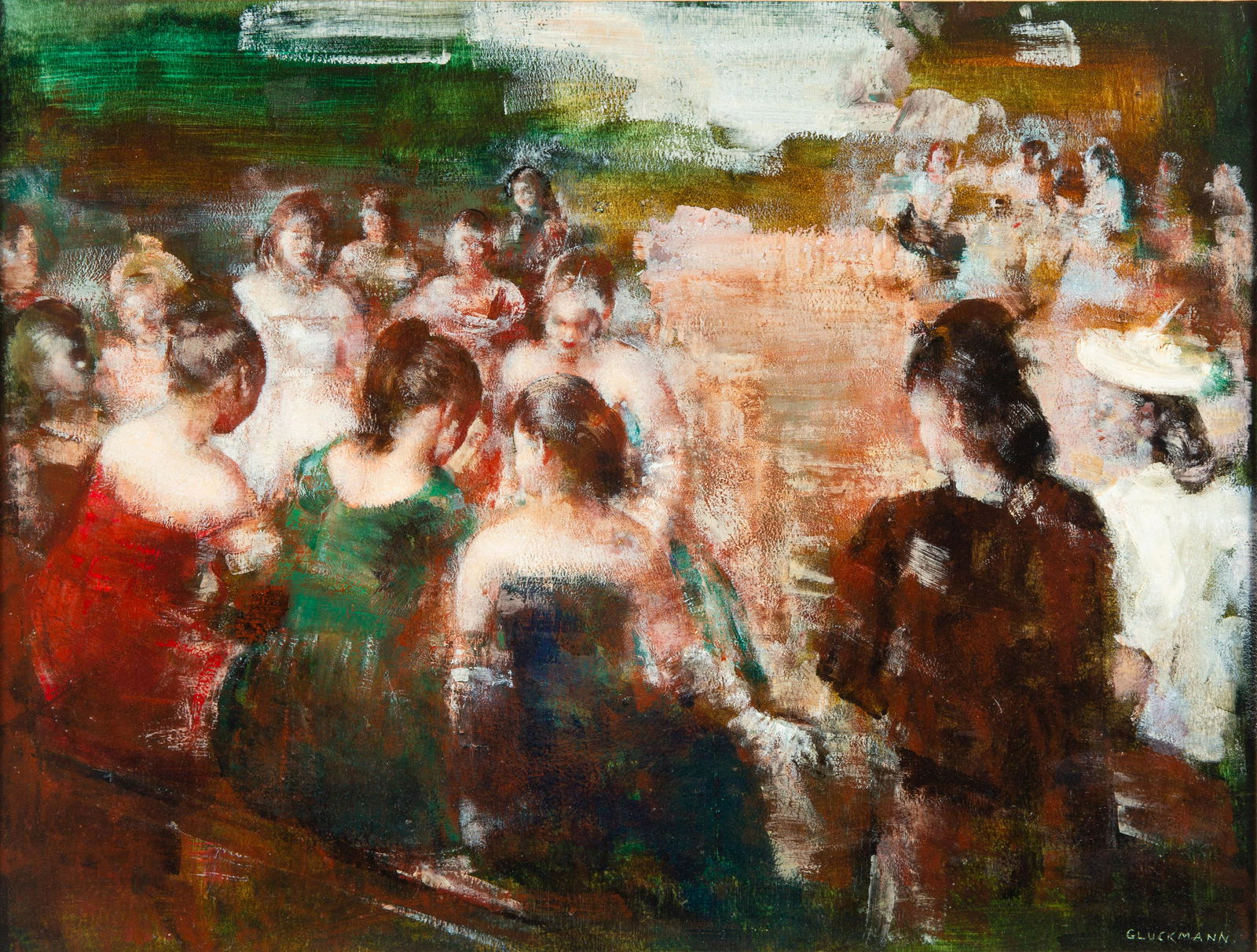 GRIGORY GLUCKMANN (BELARUSIAN-FRENCH 1898-1973): GRIGORY GLUCKMANN (BELARUSIAN-FRENCH 1898-1973)Social Circle, oil on panel52.1 x 66.7 cm (20 1/2 x 26 1/4 in)framed dimensions: 78.74 x 93.98 cm (31 x 37 in.)signed lower right?PROVENANCE Dalzell Ha