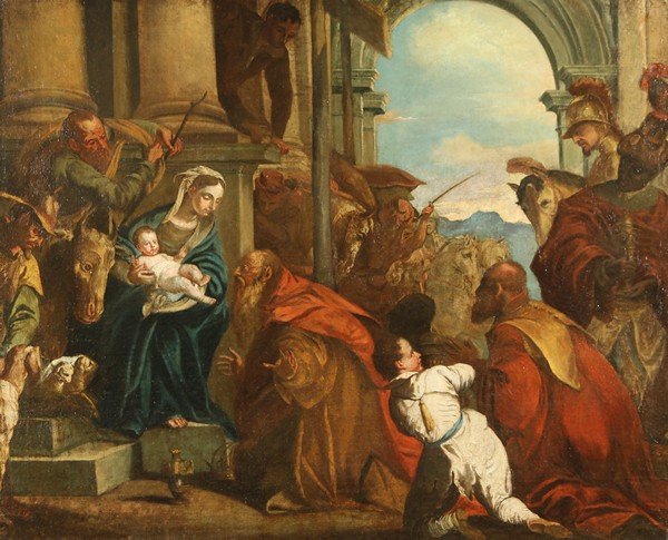 MANNER OF RICCI OLD MASTER PAINTING: MANNER OF SEBASTIANO RICCI (ITALIAN 1659-1734), "Adoration of the Magi," oil on canvas laid on board, 71 x 89 cm (28 x 35 in.), in an ornate gilded frame with columns and a pediment. PROVENANCE: Estat