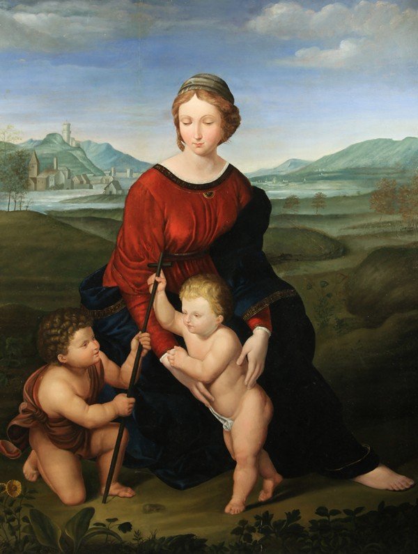 18THC COPY OF RAPHAEL'S MADONNA DEL PRATO: Copy of Raphael's Madonna del Prato, late 18th c., oil on panel, 98 x 76 cm. (38 ½ x 30 in.)