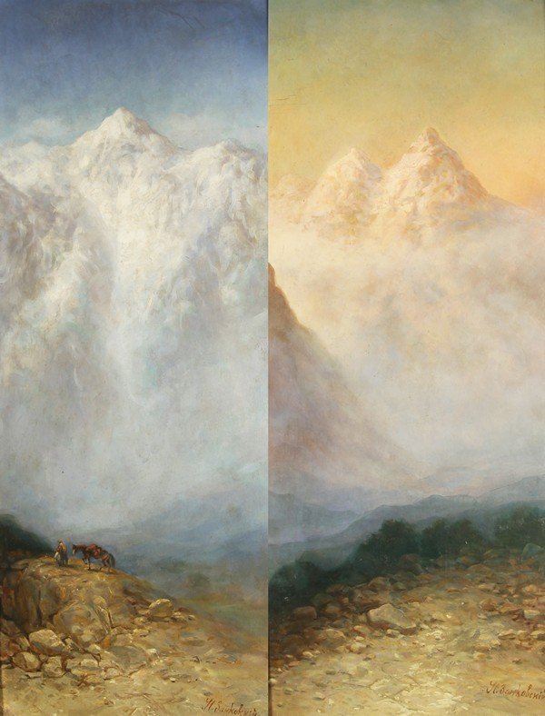 PAIR OF ZANKOVSKY RUSSIAN ANTIQUE PAINTINGS CAUCASE: A PAIR OF PAINTINGS BY ILYA NIKOLAEVICH ZANKOVSKY (RUSSIAN 1832-1919), "Caucasian Mountains," each oil on board, each 69 x 28.7 cm. (27 1/8 x 11 3/8 in.), each signed in Cyrillic in lower right "I. Za