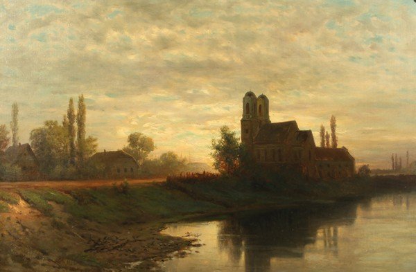 LAGORIO ANTIQUE RUSSIAN PAINTING: LEV FELIXOVICH LAGORIO (RUSSIA 1828-1905), “Sunset over a Riverside Church with Figures," 1886, oil on canvas, 54 x 79 cm (21 1/4 x 31 1/8 in.), signed in cyrillic and dated 'Lagorio 1886' lower lef
