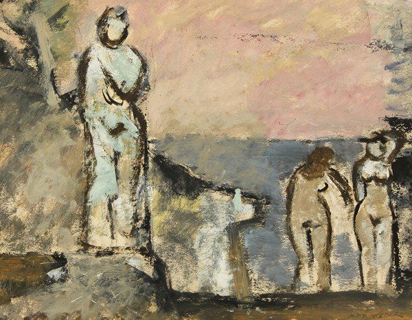 MAX WEBER RUSSIAN AMERICAN PAINTING: MAX WEBER (RUSSIAN-AMERICAN 1881-1961), "The Bathers," oil on paper, 30 x 39 cm (11 3/4 x 15 3/8 in.), signed lower right. PROVENANCE: Estate from 480 Park Avenue, New York City