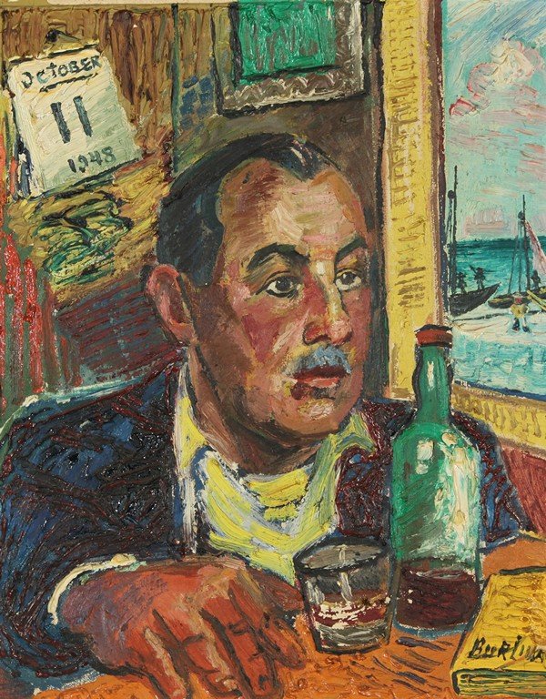 DAVID BURLIUK RUSSIAN PAINTING: DAVID BURLIUK (RUSSIAN-AMERICAN 1882-1967), “Bar by the Harbor”, 1948, oil on canvas, 50.8 x 40.6 cm (20 x 16 in.), signed lower right and dated upper left