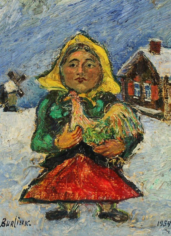 DAVID BURLIUK RUSSIAN PAINTING: DAVID BURLIUK (RUSSIAN-AMERICAN 1882-1967), “Woman in a Yellow Kerchief with a Rooster”, 1954, oil on panel, 29 x 22 cm. (11 5/8 x 8 5/8 in.), signed 'Burliuk' lower left, dated lower right PROVEN