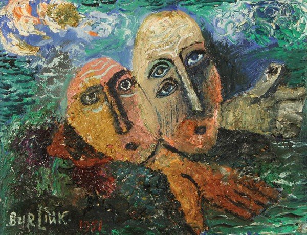 DAVID BURLIUK RUSSIAN PAINTING: DAVID BURLIUK (RUSSIAN-AMERICAN 1882-1967), “Question to the Sea”, 1951, oil on canvasboard, 20.5 x 26 cm. (8 1/8 x 10 1/4 in.), signed and dated 'Burliuk 1951' lower left PROVENANCE: Acquired dir