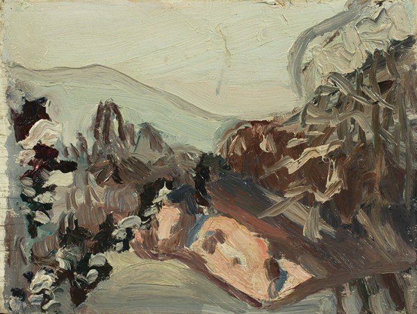 MIKHAIL MOROZ RUSSIAN UKRAINIAN PAINTING: MIKHAIL MOROZ (UKRAINIAN 1904-1992), “Evergreens Under Snow”, oil on panel, 19.5 x 25.7 cm. (7 5/8 x 10 1/8 in.)