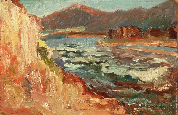 MIKHAIL MOROZ RUSSIAN UKRAINIAN PAINTING: MIKHAIL MOROZ (UKRAINIAN 1904-1992), “Rocky Shore," 1944 oil on panel, 15.2 x 22.3 cm. (6 x 8 3/4 in.), signed and dated on the verso