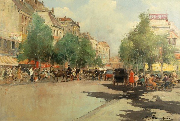 MARIO MARESCA ITALIAN PAINTING FRANCE: MARIO MARESCA (ITALIAN 1877-1959), “Paris Street”, oil on canvas, 50 x 72 cm. (19 ¾ x 28 3/8 in.), signed 'M. Maresca' lower right