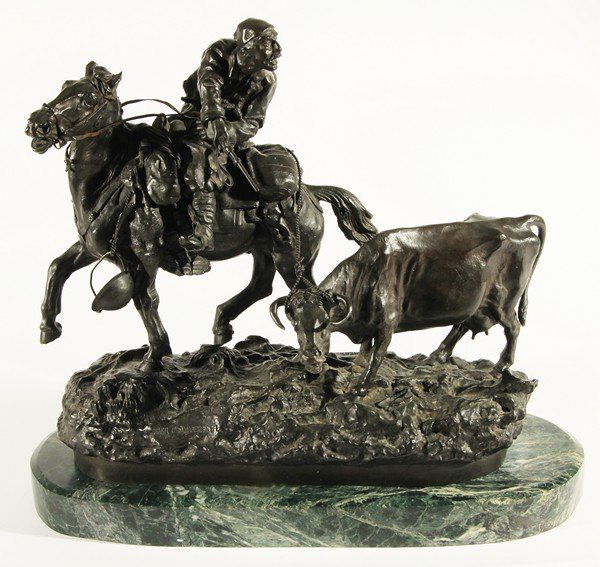 GRACHEV ANTIQUE RUSSIAN BRONZE HUNTER ON A HORSE: VASSILI GRACHEV (RUSSIAN 1831-1905), “Hunter on a Horse”, bronze with dark brown patina on marble base, height including the base: 32.5 cm. (12 3/4 in.), height excluding base: 29.5 cm. (11 5/8 in