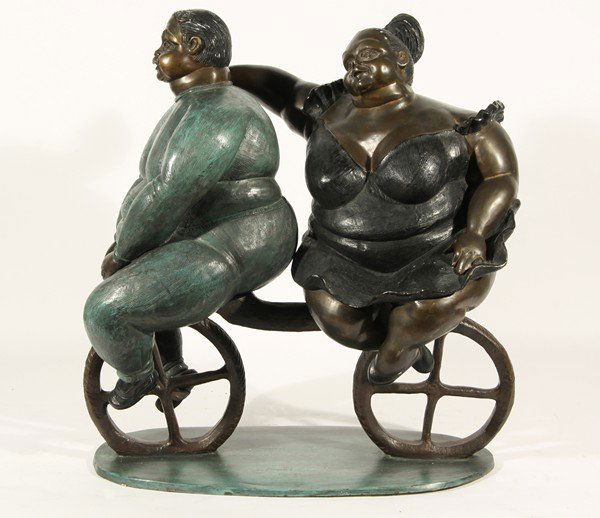 BRUNO LUNA BRONZE LATIN AMERICAN COUPLE ON BICYCLE: BRUNO LUNA (MEXICAN b.1963), “Couple on a Bicycle”, bronze, 58 cm. (22 7/8 in.), inscribed 'Bruno Luna VII/IX' on center base. THIS WORK IS BEING SOLD WITHOUT RESERVE.