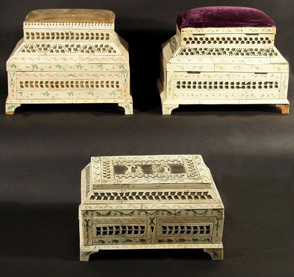 3 RUSSIAN ANTIQUE 18THC IVORY AND BONE VENEERED CA: A GROUP OF THREE WALRUS IVORY AND BONE VENEERED CASKETS, mid 18th c. Arkhangelsk, all of teremok form, the wood base overlaid with panels of pierced and engraved with foliate ornament over yellow meta