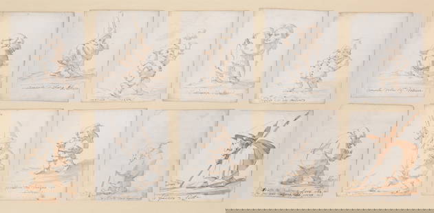 ATTRIBUTED TO PIER LEONE GHEZZI (ITALIAN 1674-1755): ATTRIBUTED TO PIER LEONE GHEZZI (ITALIAN 1674-1755) A Group of ten Caricatures (Each Titled)brown ink wash on paper11 x 8.8 cm [card] (approx. card each approx. 4 x 3 1/2 in. [10]); [sight] 26 x 54 (1