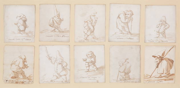 ATTRIBUTED TO PIER LEONE GHEZZI (ITALIAN 1674-1755): ATTRIBUTED TO PIER LEONE GHEZZI (ITALIAN 1674-1755) A Group of ten Caricatures (Each Titled)brown ink wash on paper11 x 8.8 cm [card] (approx. card each approx. 4 x 3 1/2 in. [10]); [sight] 26 x 54 (1