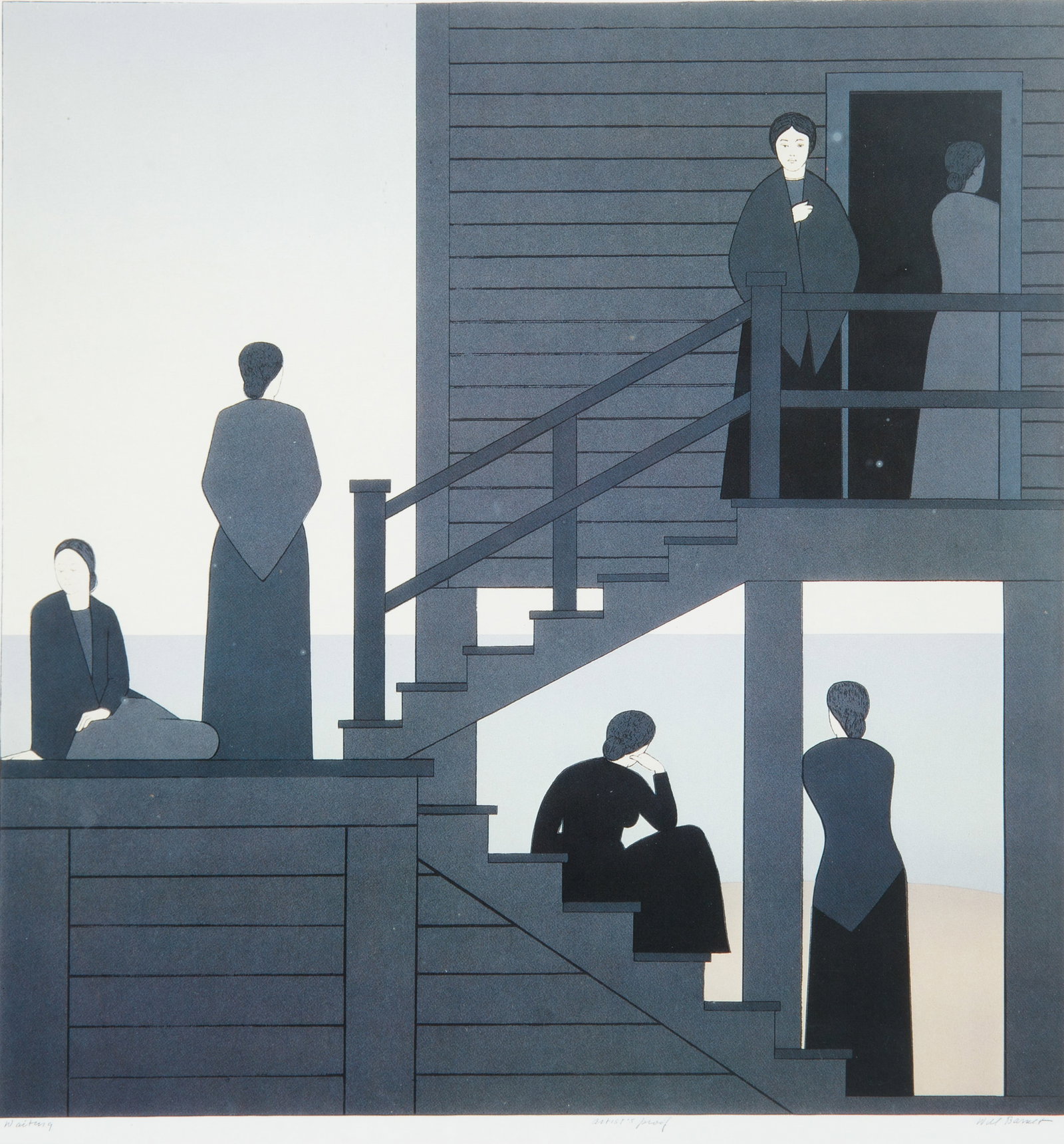 WILL BARNET (AMERICAN 1911-2012): WILL BARNET (AMERICAN 1911-2012)Waiting from Kent Bicentennial Portfolio: Spirit of Independence 1975 lithograph and screen print on paper 30 x 29 cm (11 3/4 x 11 3/8 in.), framed dimensions: 43 x 43