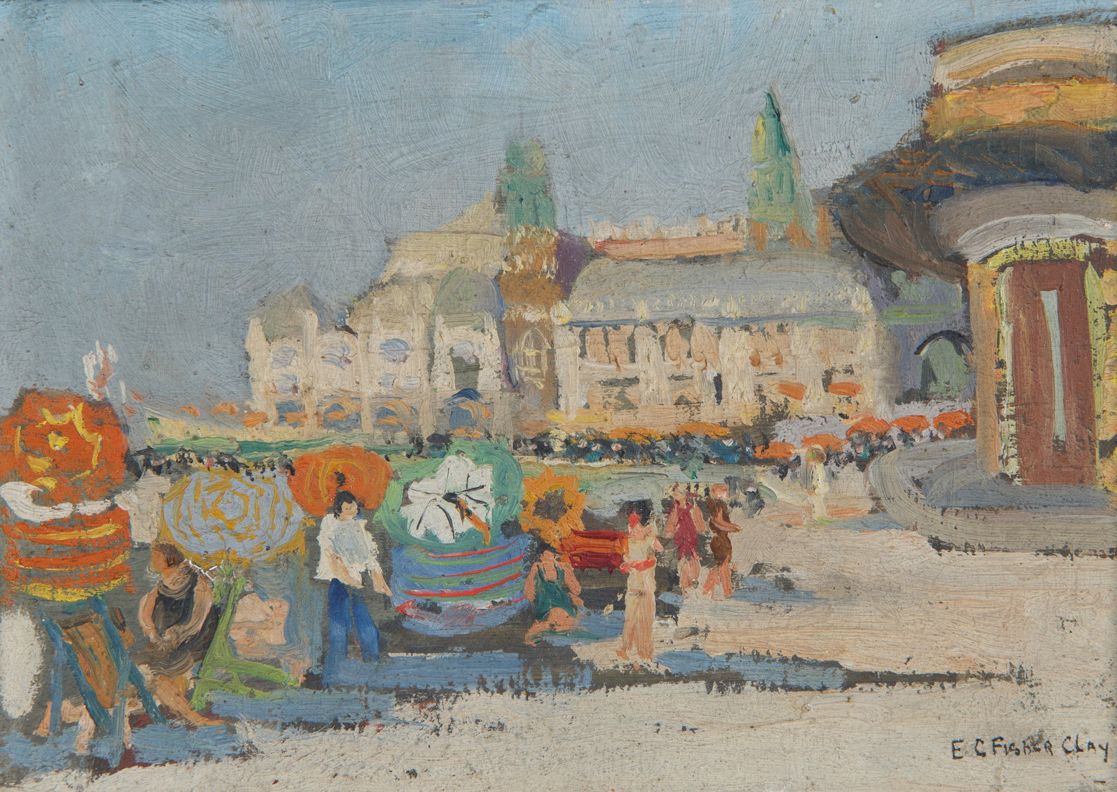 ELIZABETH FISHER CLAY (AMERICAN 1871-1959): ELIZABETH FISHER CLAY (AMERICAN 1871-1959)Beach Scene oil on board 15 x 21 cm (5 7/8 x 8 1/4 in.), framed dimensions: 23 x 28 cm (9 x 11 in.) signed lower right CONDITION Observed in frame, the painti