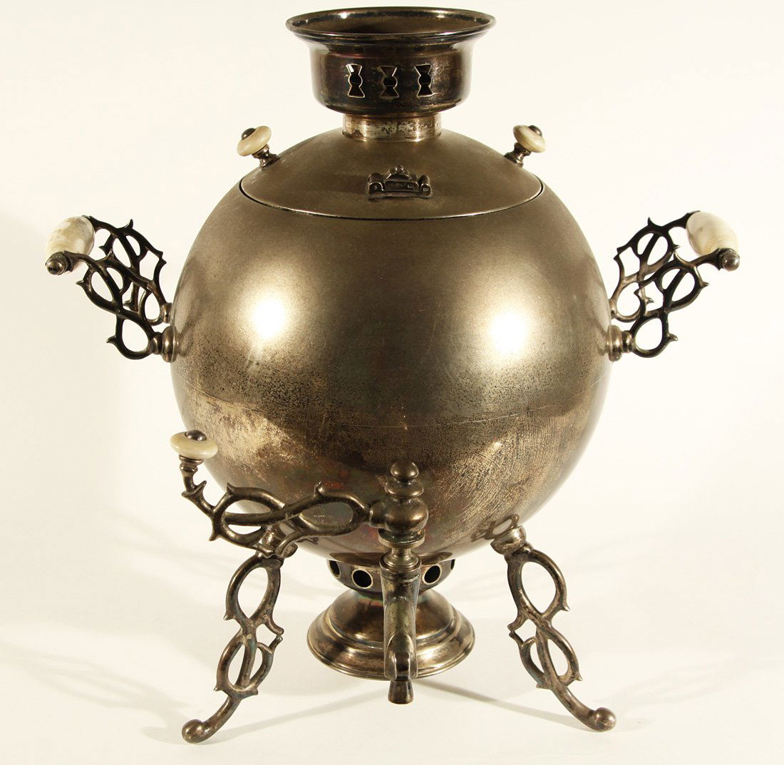 A RUSSIAN SILVER SAMOVAR, GRACHEV, MOSCOW, 1867, wi: A RUSSIAN SILVER SAMOVAR, GRACHEV, MOSCOW, 1867, with ivory handles, height: 39 cm. (15 3/8 in.), maker's mark in Cyrillic, dated assayer's mark 'AC', 84 standard