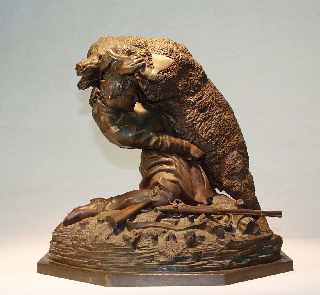 NIKOLAI IVANOVICH LIEBERICH (RUSSIAN 1828-1883), ": NIKOLAI IVANOVICH LIEBERICH (RUSSIAN 1828-1883), "A Hunter's Fight with a Bear," bronze with medium brown patina, height: 36 cm (14 1/4 in.), inscribed with signature in Cyrillic on the base 'N. Liebe