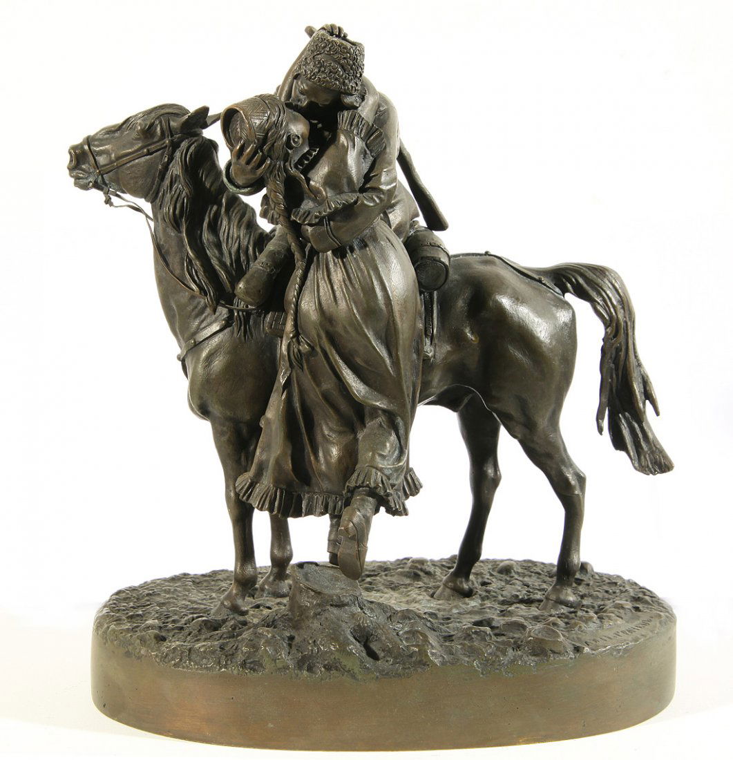 VASSILI GRACHEV (RUSSIAN 1831-1905), “Soldier on Ho: VASSILI GRACHEV (RUSSIAN 1831-1905), “Soldier on Horseback Kissing his Sweetheart," bronze with medium brown patina, height: 24 cm (9 1/2 in.), inscribed with signature in Cyrillic on base, inscribe