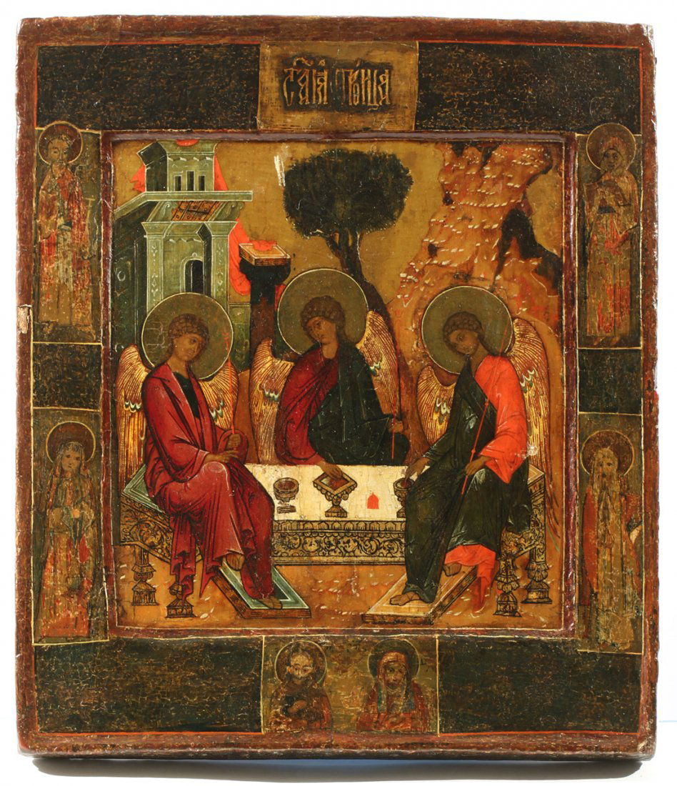A RUSSIAN ICON OF THE OLD TESTAMENT TRINITY AND SE: A RUSSIAN ICON OF THE OLD TESTAMENT TRINITY AND SELECTED SAINTS, CENTRAL RUSSIA, CIRCA 1800, Egg tempera, gold leaf, and gesso on wood panel. With raised border kovcheg. Two insert splints on the back