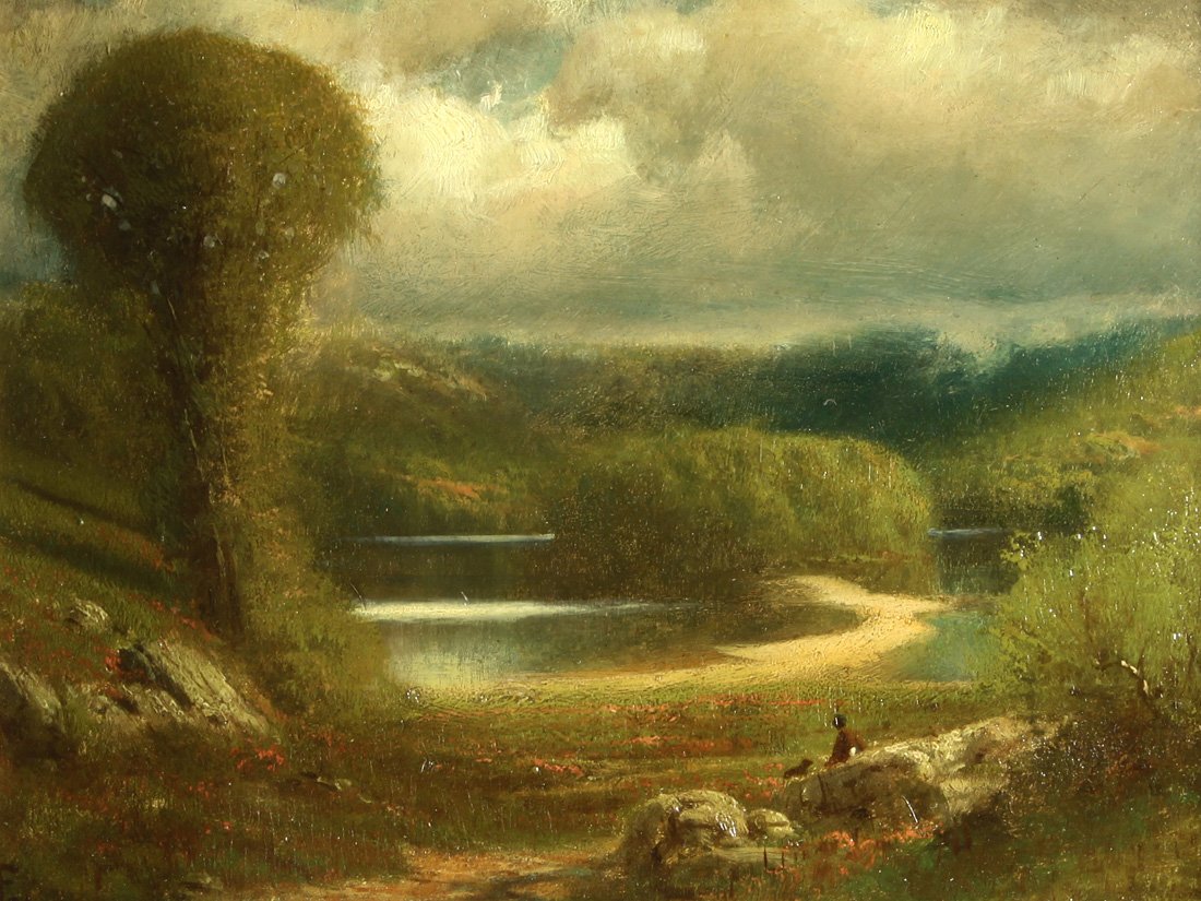 AMERICAN 19TH CENTURY, “Hudson River School Landsc: AMERICAN 19TH CENTURY, “Hudson River School Landscape," oil on panel, 23.5 x 31 cm. (9 1/4 x 12 1/8 in.), initialed F.[?] lower left