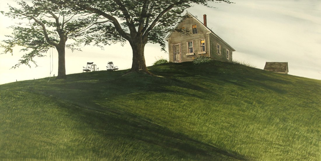 ALBERT EDWARD SANDECKI (AMERICAN B. 1935), “House: ALBERT EDWARD SANDECKI (AMERICAN B. 1935), “House on a Hill”, gouache on paper, [sight] 50 x 99 cm. (19 7/8 x 39 in.), signed 'Sandecki' lower right. THIS LOT IS BEING SOLD WITHOUT RESERVE