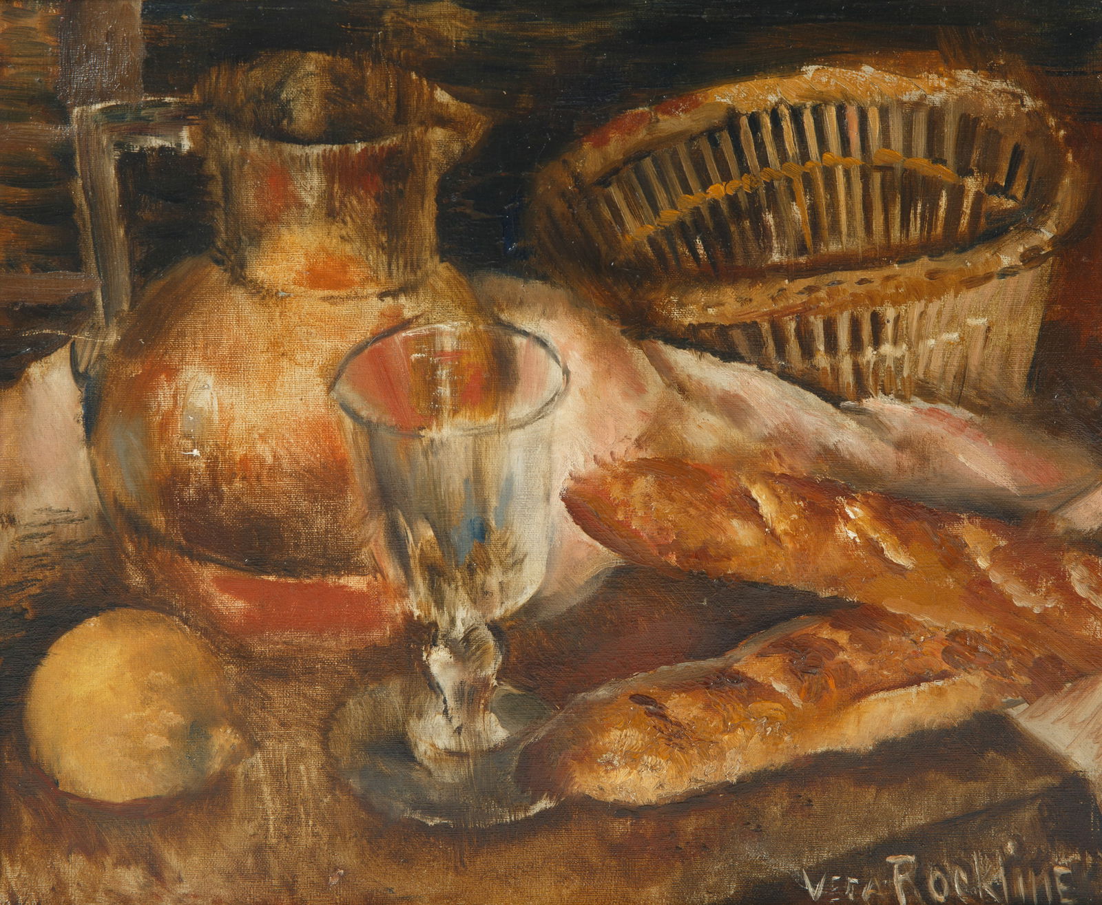 VERA ROCKLINE (RUSSIAN 1896-1934): VERA ROCKLINE (RUSSIAN 1896-1934)Still-Life with Baguette, oil on canvas38 x 46 cm (15 x 18 1/8 in.)framed dimensions: 48 x 56.5 cm (18 7/8 x 22 1/4 in.)signed lower rightPROVENANCE Galerie Jean-Bat