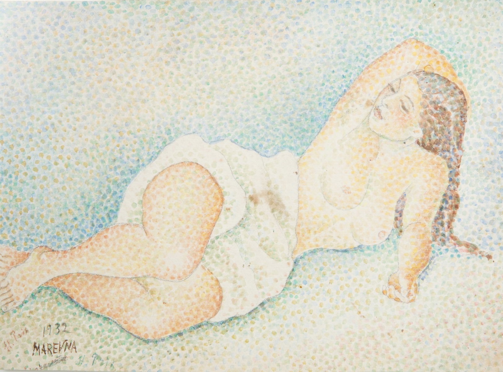 [MARIE VOROBIEFF] MAREVNA (RUSSIAN 1892-1984): [MARIE VOROBIEFF] MAREVNA (RUSSIAN 1892-1984)Reclining Nude, 1932watercolor and graphite on paper23 x 31 cm (9 x 12 1/4 in.)framed dimensions: 34.5 x 43 cm (13 5/8 x 16 7/8 in.)signed and dated lower
