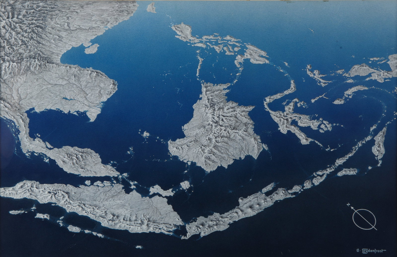 ALEXANDER LEYDENFROST (BARON SANDOR LEIDENFROST HUNGARIAN-AMERICAN 1888-1961): ALEXANDER LEYDENFROST (BARON SANDOR LEIDENFROST HUNGARIAN-AMERICAN 1888-1961) Ocean and Land View from Space, mid XX century mixed media on board 43 x 65 cm (17 x 25 5/8 in.) [sight] framed dimensions