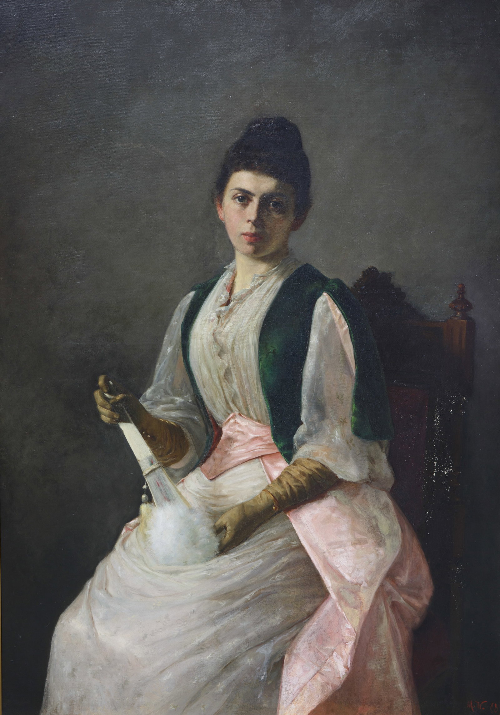 AMERICAN ARTIST (19TH CENTURY): AMERICAN ARTIST (19TH CENTURY) Woman with a Fan, 1890 oil on canvas 131 x 91 cm (51 5/8 x 35 7/8 in.) framed dimensions: 152 x 110 cm (59 7/8 x 43 1/4 in.) initialed M. W. and dated lower right