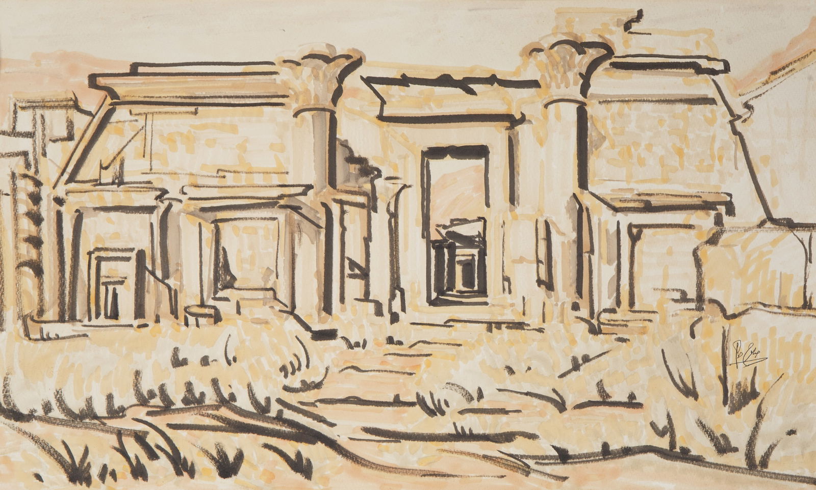 SALAH TAHER (EGYPTIAN 1911-2007): SALAH TAHER (EGYPTIAN 1911-2007)Habu City, watercolor on paper37 x 59 cm (14 5/8 cm x 23 1/4 in.)framed dimensions: 63 x 84 cm (24 3/4 x 24 3/4 in.) [frame made by the artist]signed along the right ed