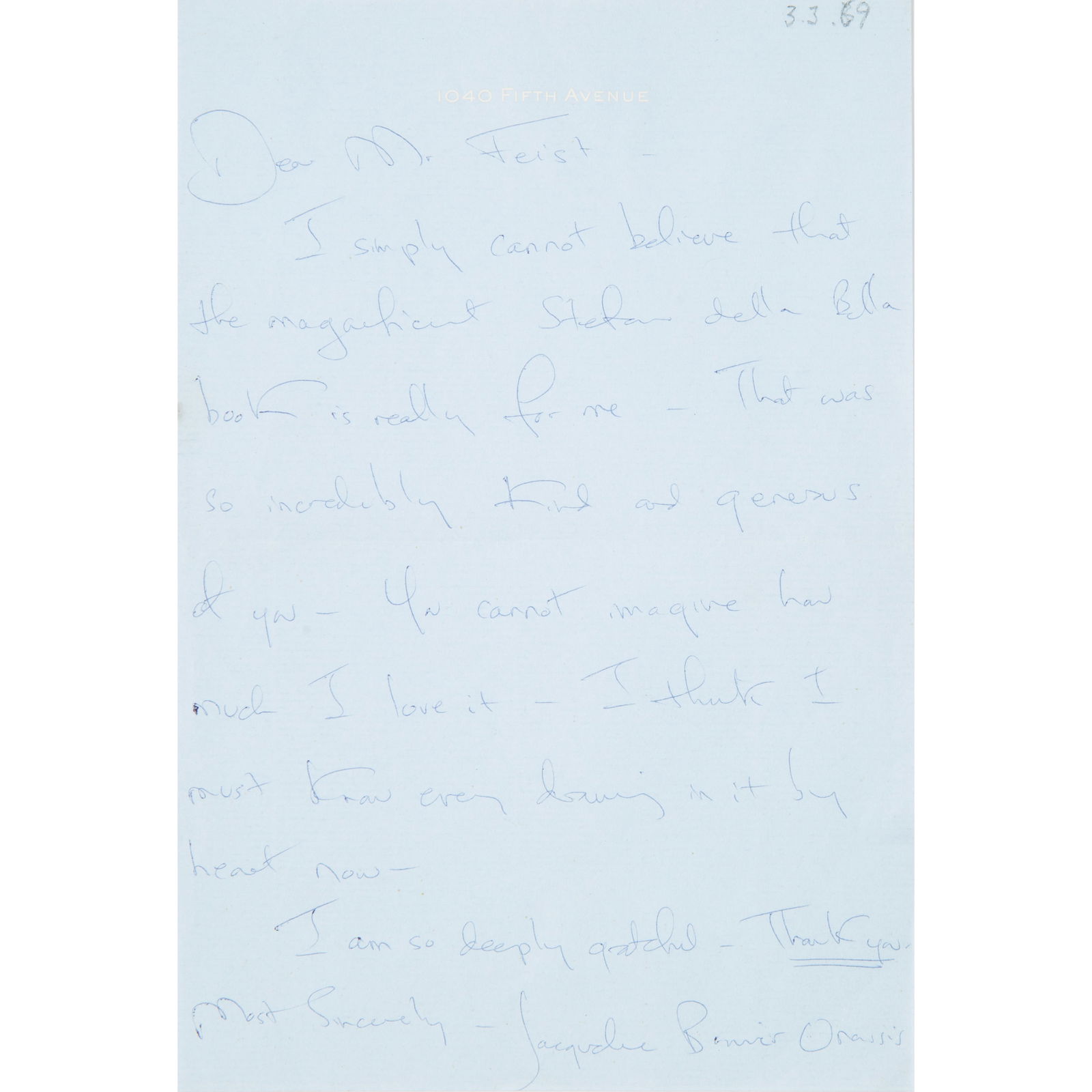 A HAND-WRITTEN LETTER BY JACKIE BOUVIER KENNEDY ONASSIS (AMERICAN 1929-1994) AND FIVE INVOICES (1 of 2)