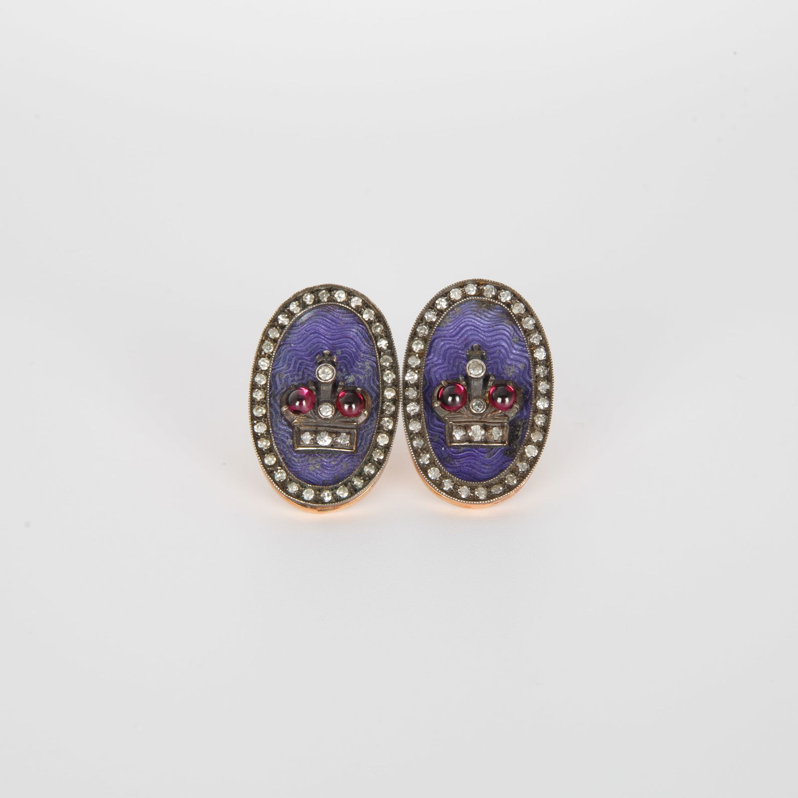 ANTIQUE 14K ROSE GOLD, PURPLE ENAMEL AND DIAMOND FABERGE CROWN EARRINGS (1 of 4)