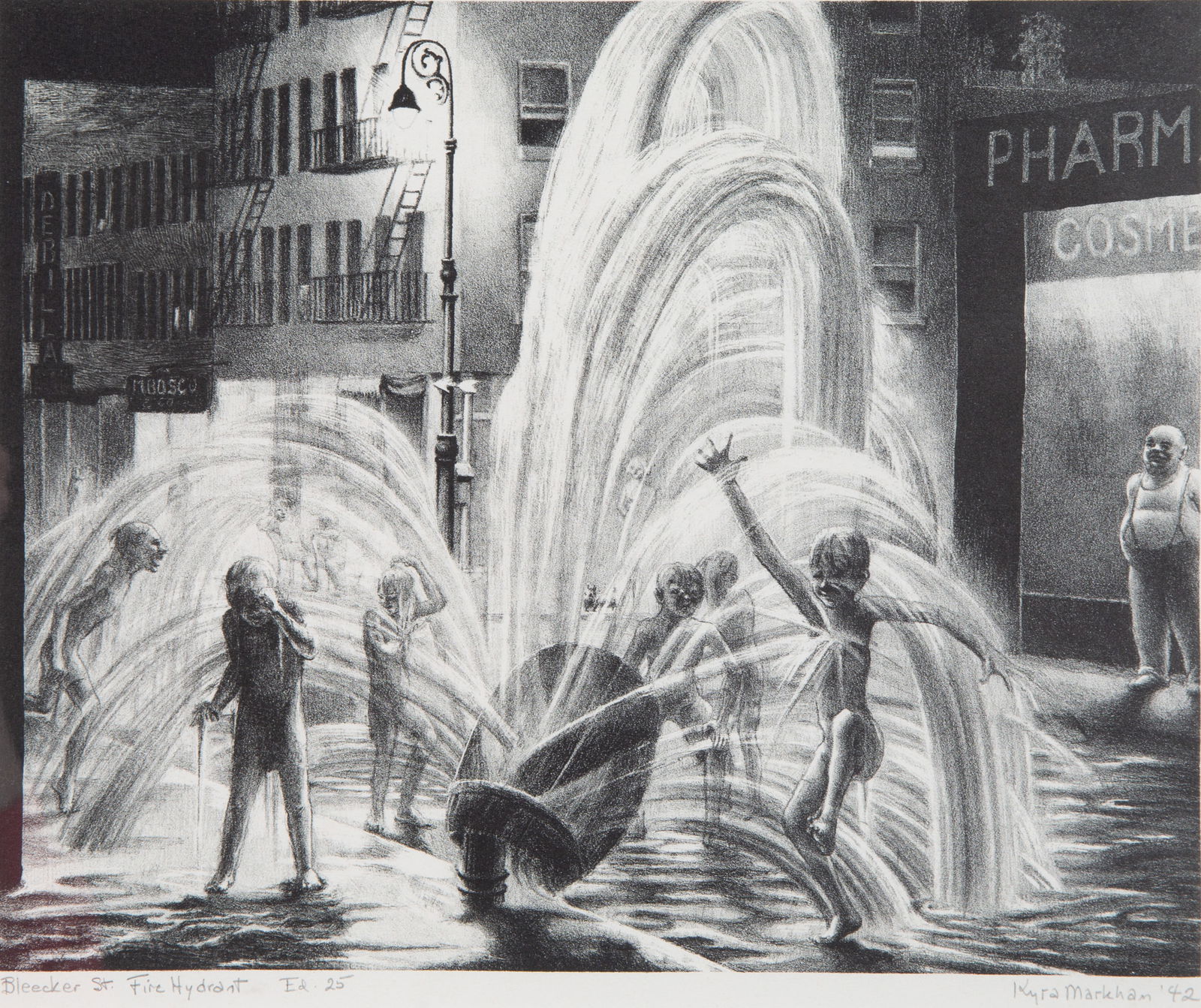KYRA MARKHAM (AMERICAN 1891-1967): KYRA MARKHAM (AMERICAN 1891-1967)Bleecker Street, Fire Hydrant, 1942lithographimage dimensions: 21.3 x 26.5 cm (8 3/8 x 10 3/8 in.)framed dimensions: 41.5 x 45.5 (16 3/8 x 17 7/8 in.)signed, titled, d