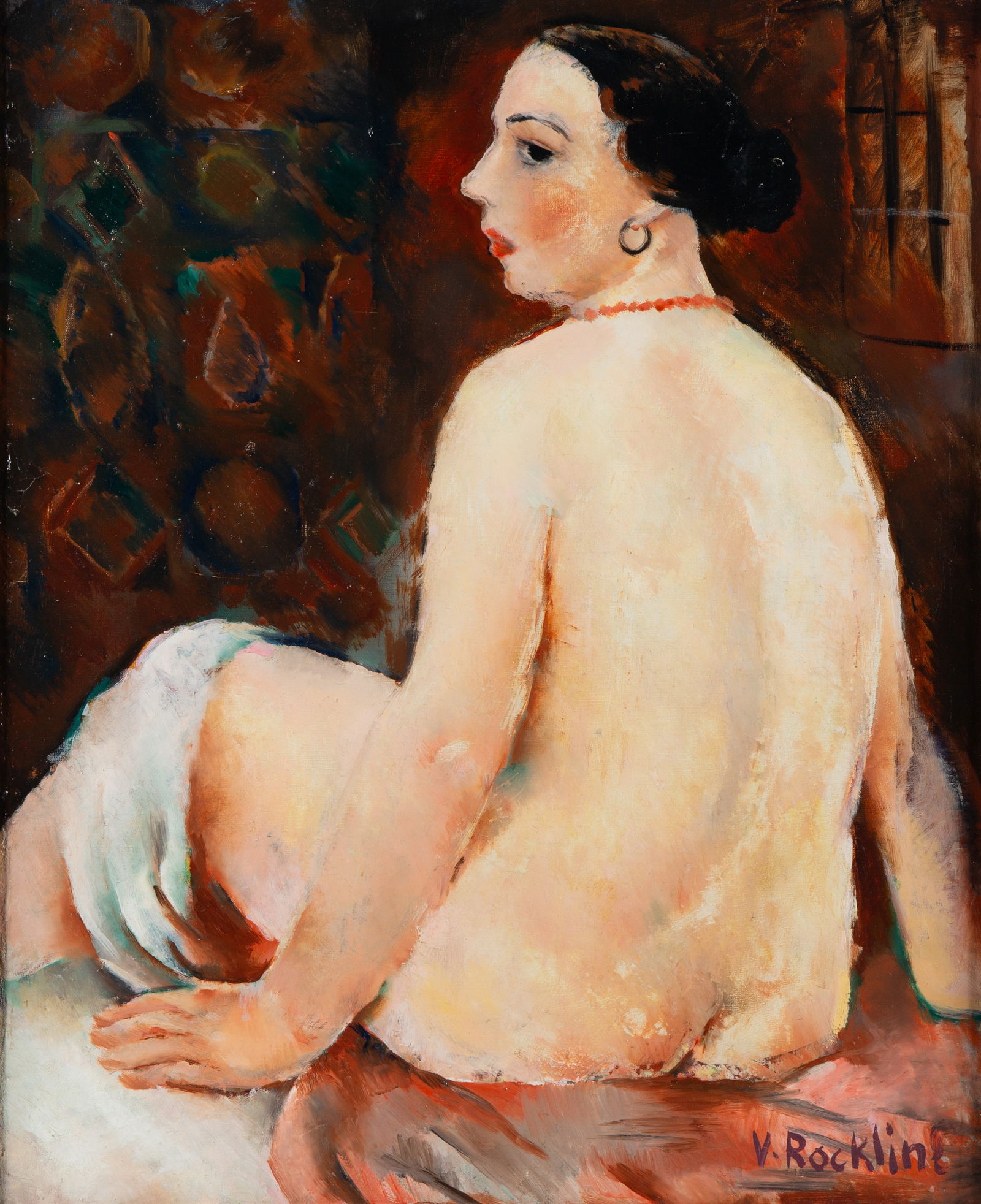 VERA ROCKLINE (RUSSIAN-FRENCH 1896-1934): VERA ROCKLINE (RUSSIAN-FRENCH 1896-1934)Nu au collier rouge, oil on canvas28-1/4 x 23-1/4 inches (71.8 x 59.1 cm)framed dimensions: 92 x 79 cm (36 1/4 x 31 1/8 in.)signed lower rightPROVENANCE Makas