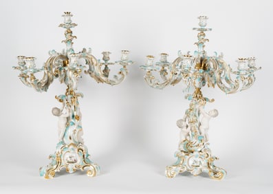 A PAIR OF RUSSIAN NEO-ROCOCO STYLE GILT PORCELAIN CANDLE STICKS, BY AUGUST SPIESS (GERMAN