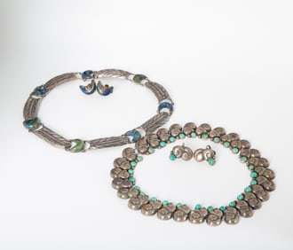A PAIR OF SPRATLING MEXICAN SILVER & TURQUOISE AND OPAL NECKLACE AND EARRING SETS